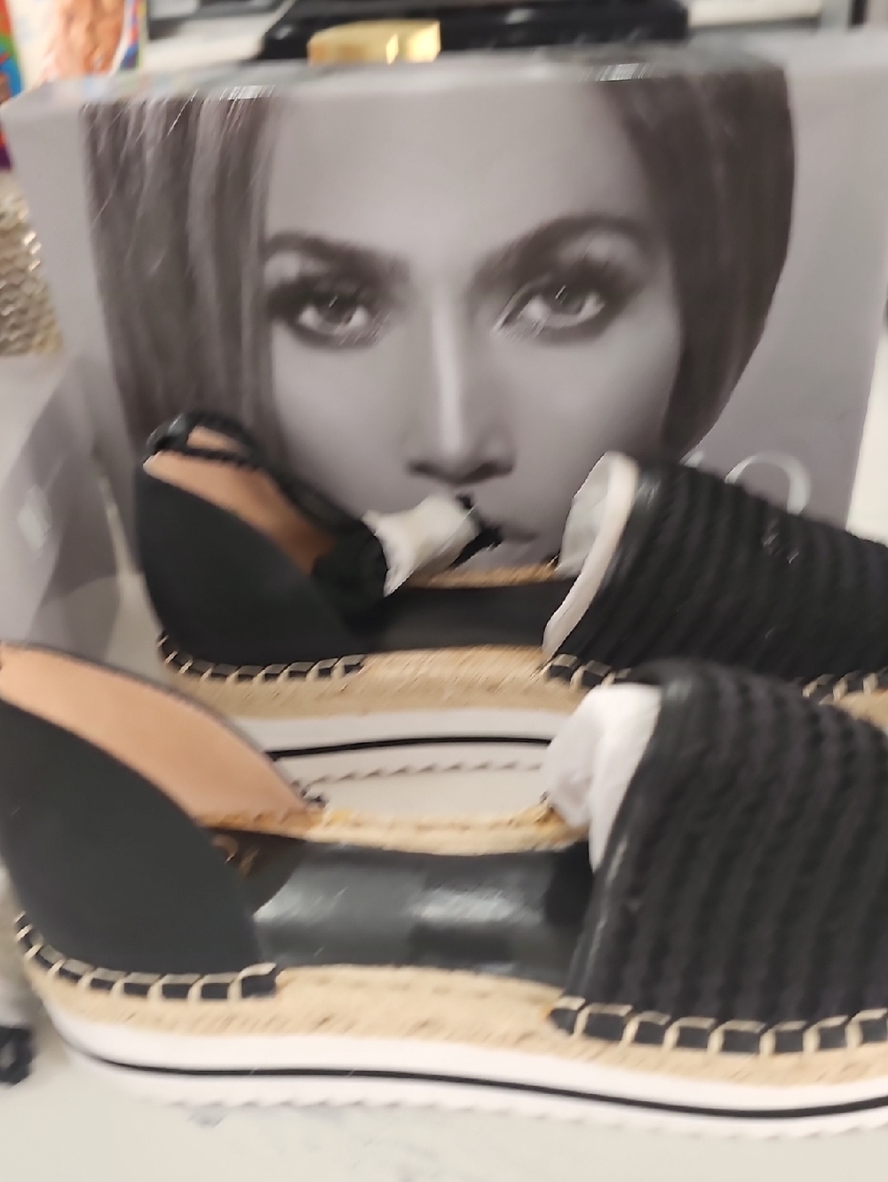 Jennifer Lopez Black Espadrille Platform Sandals